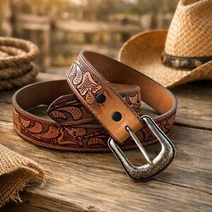 Tooled Leather Western Belt 38–40 Floral Engraved Buckle